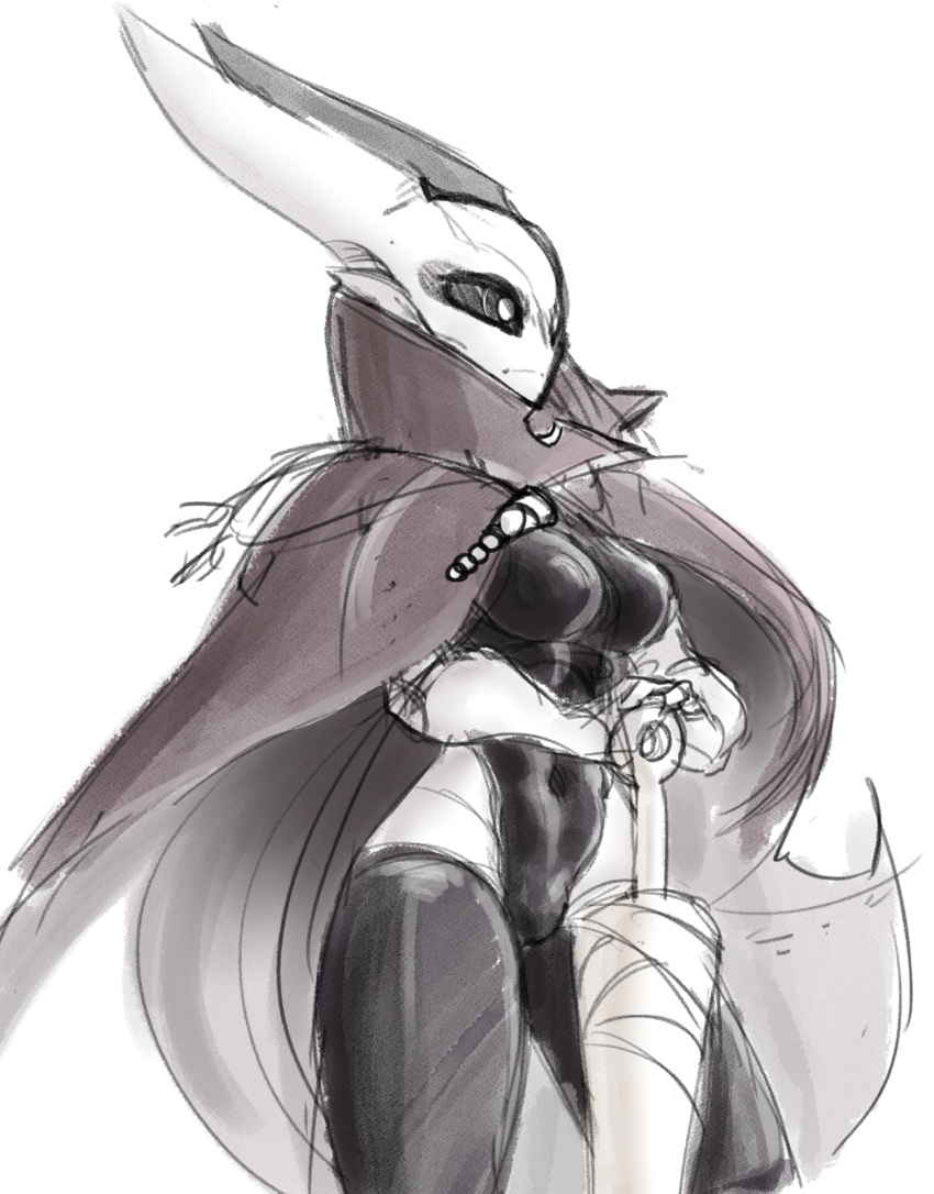 2018 animal_humanoid anthro arachnid arthropod arthropod_humanoid athletic athletic_female big_breasts black_sclera breasts camel_toe cape clothing female hi_res hollow_knight hornet_(hollow_knight) humanoid legwear leotard navel nipple_outline non-mammal_breasts non-mammal_navel proxicute pupils serious_face sketch solo spider team_cherry thick_thighs thigh_highs weapon white_body white_pupils white_skin