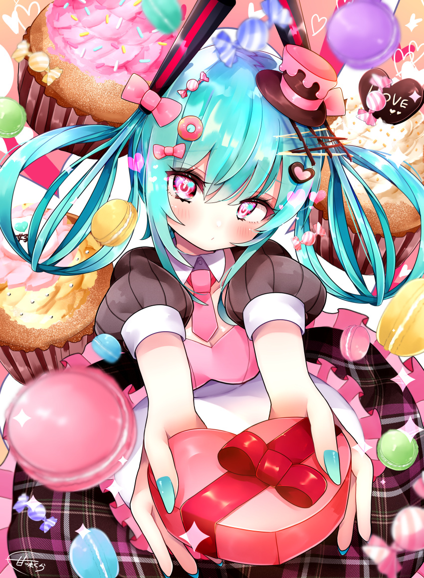 1girl absurdres apron bangs blush box breasts candy_hair_ornament chocolate_hair_ornament cleavage cupcake detached_collar dress fingernails food food-themed_hair_ornament from_above hair_ornament hat hatsune_miku heart heart-shaped_box heart_hair_ornament highres koyubisennti long_fingernails looking_at_viewer macaron medium_breasts mini_hat mini_top_hat nail_polish necktie outstretched_arms pink_eyes plaid plaid_dress power_symbol-shaped_pupils puffy_short_sleeves puffy_sleeves short_sleeves solo top_hat twintails valentine vocaloid waist_apron whisk wrapped_candy