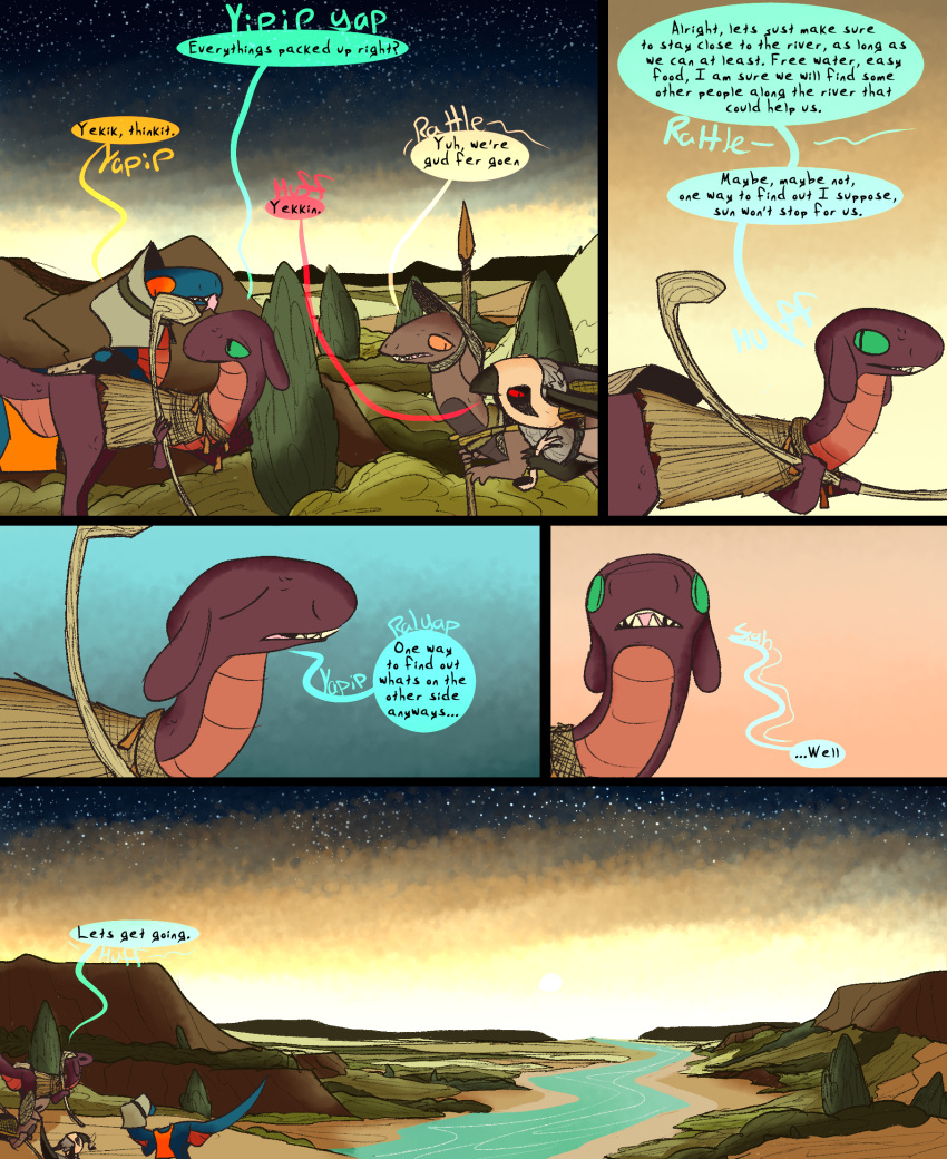 club_(weapon) comic desert dinosaur dragon dragonscape drekir dromaeosaurid female feral forl_(thepatchedragon) gila_(thepatchedragon) group hi_res hiker_(thepatchedragon) jat_(thepatchedragon) male melee_weapon morning polearm post-apocalyptic reptile scalie spear sunrise text thepatchedragon theropod tribal weapon