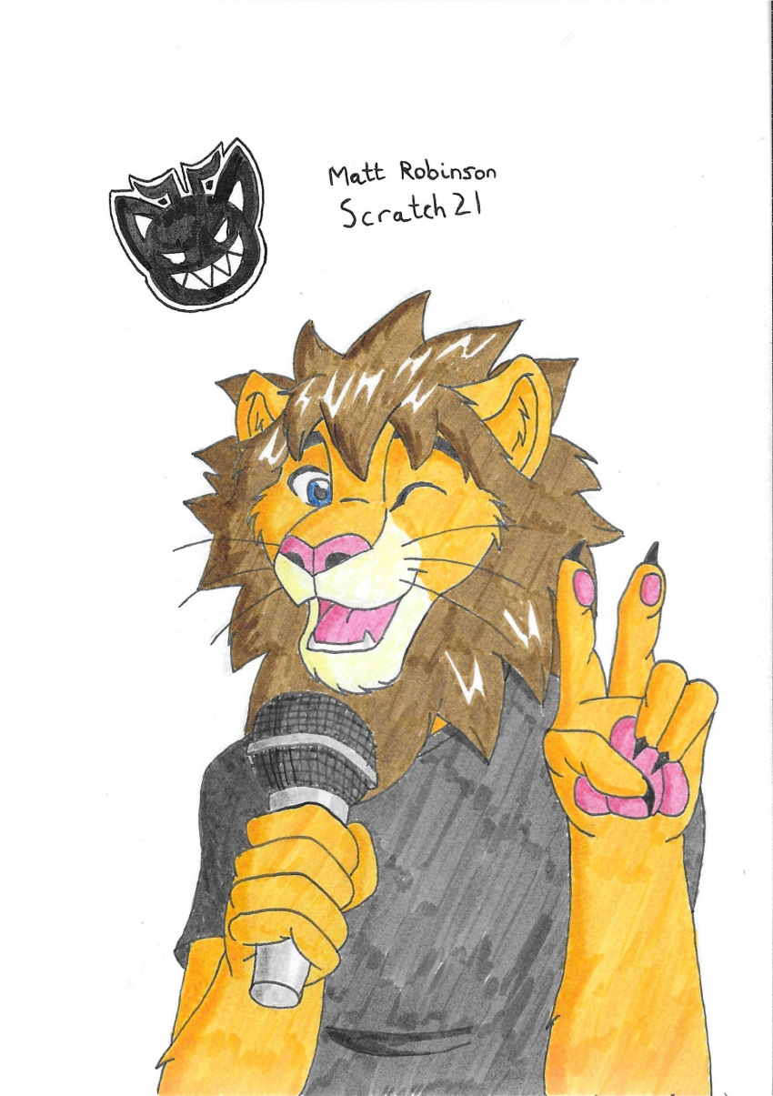 2023 anthro blue_eyes brown_hair brown_mane cheek_tuft claws clothing facial_tuft fangs felid fur gesture golddracat grey_clothing grey_shirt grey_topwear hair happy hi_res inner_ear_fluff lion male mammal mane matt_(scratch21) microphone one_eye_closed pantherine pawpads scratch21 shirt simple_background smile solo teeth text topwear traditional_media_(artwork) tuft v_sign white_background wink yellow_body yellow_fur