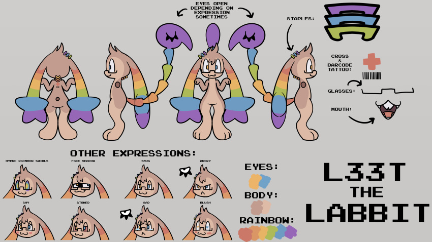 16:9 absurd_res brown_body brown_fur english_text expression_sheet female fur hi_res l33t_(labbit1337) labbit model_sheet multicolored_ears multicolored_tail not_a_furfag rainbow_ears rainbow_tail semi-anthro solo tail teeth text widescreen