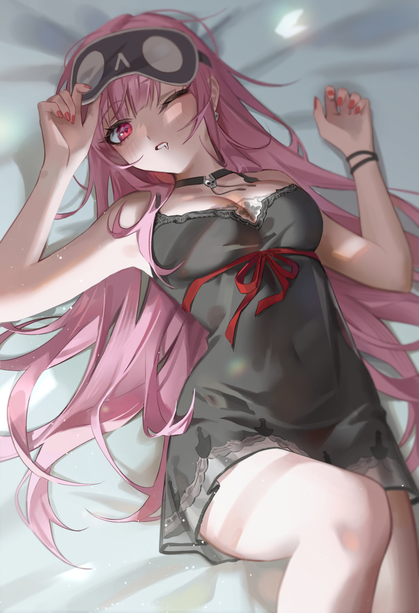 1girl absurdres bangs black_choker black_nightgown blindfold blindfold_lift blunt_bangs breasts choker cleavage highres hololive hololive_english jyuma large_breasts long_hair looking_at_viewer lying messy_hair mori_calliope nightgown on_back one_eye_closed pink_hair red_eyes see-through sleep_mask solo virtual_youtuber