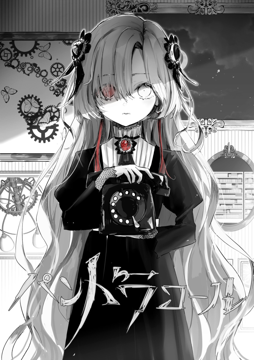 1girl absurdres akebisousaku brooch dress expressionless gears hair_ornament hair_over_one_eye heterochromia highres holding holding_phone isekai_joucho jewelry kamitsubaki_studio long_hair long_sleeves looking_at_viewer mirror monochrome multicolored_hair phone picture_(object) red_eyes red_hair shade sketch solo song_name spot_color straight-on two-tone_hair upper_body very_long_hair virtual_youtuber