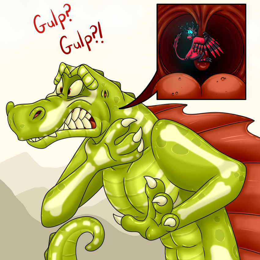 1:1 4_ears absurd_res ajfurryadoptables anthro avali avian digital_media_(artwork) dinosaur duo feathers hi_res inside_mouth internal kaddy_(drachenfyr) male male/male micro multi_ear nude oral_vore razeth_(~razeth) reptile scalie simple_background size_difference spinosaurid spinosaurus teeth theropod tongue uvula vore winged_arms wings