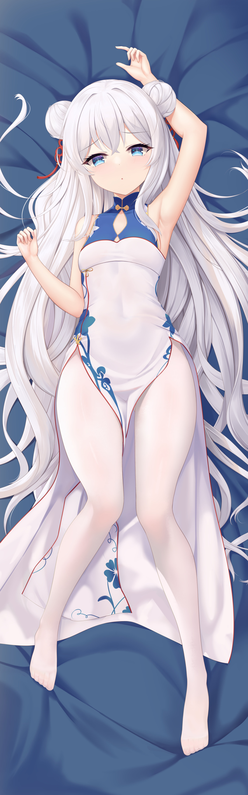 1girl absurdres alternate_costume arm_up armpits azur_lane bare_arms bare_shoulders blue_eyes breasts china_dress chinese_clothes cleavage_cutout clothing_cutout covered_navel dakimakura_(medium) double_bun dress feet frown hair_bun hand_up highres le_malin_(azur_lane) long_hair looking_at_viewer lying no_shoes on_back pantyhose parted_lips pelvic_curtain revision shenqi_(toid310) sleeveless sleeveless_dress small_breasts solo sparkling_eyes thighs toes very_long_hair white_dress white_hair white_pantyhose