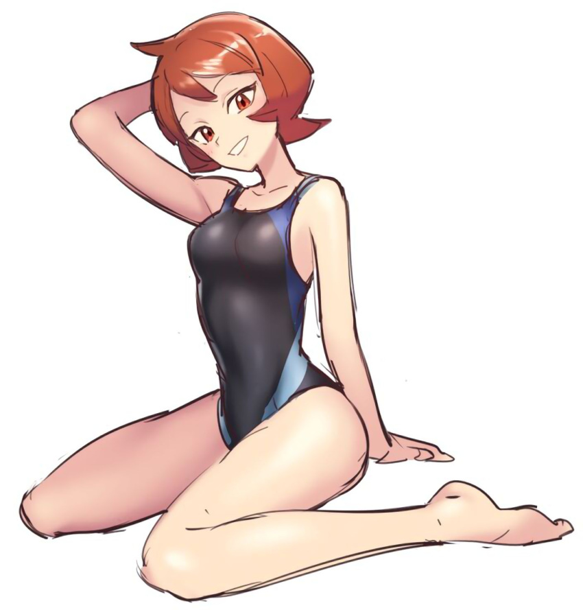 1girl alternate_costume arezu_(pokemon) arm_support artist_request bangs bare_arms bare_legs barefoot black_one-piece_swimsuit blush breasts brown_hair collarbone full_body grin hand_up head_tilt highres one-piece_swimsuit pokemon pokemon_(game) pokemon_legends:_arceus short_hair simple_background sitting sketch smile solo swimsuit white_background