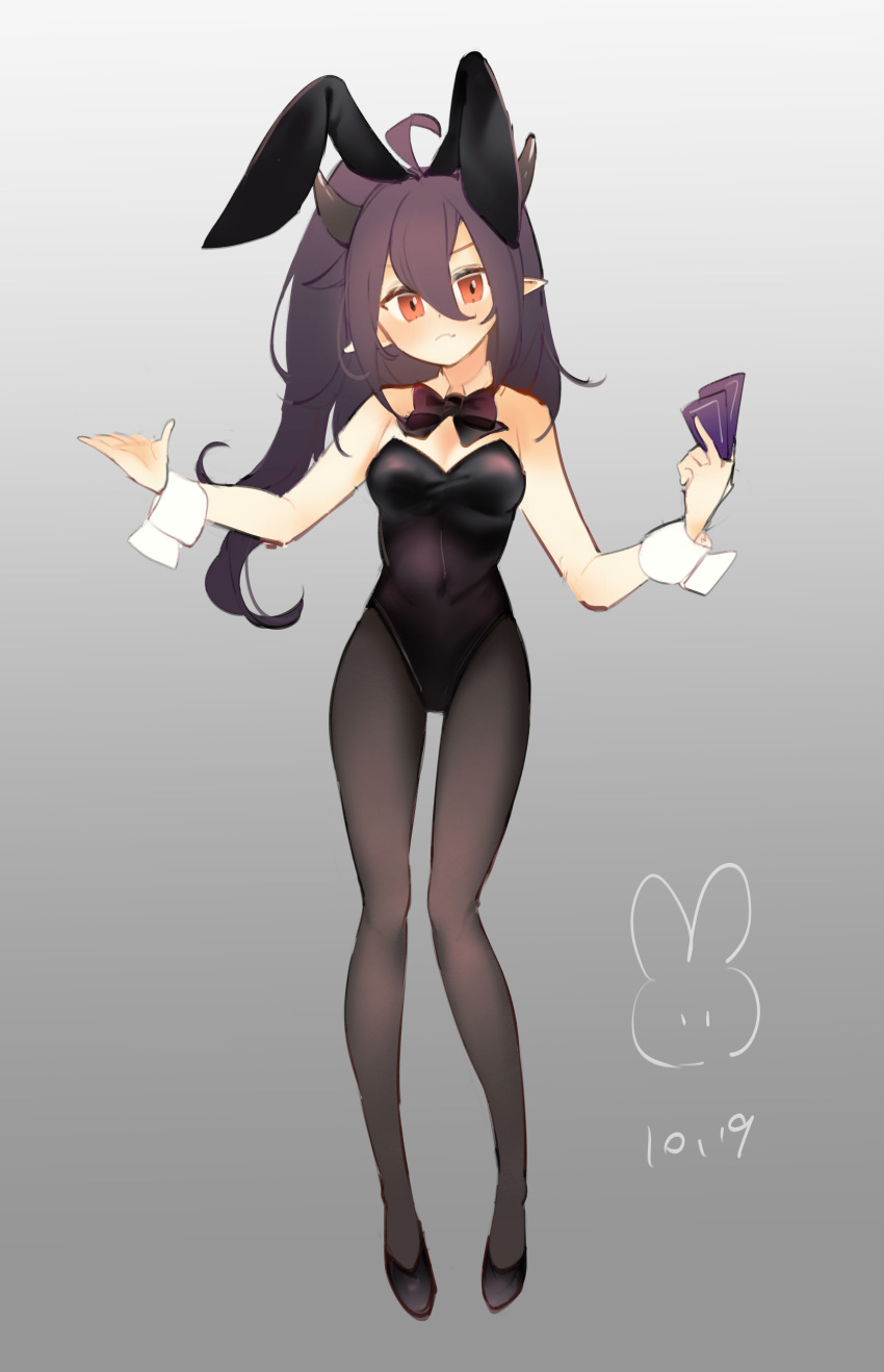 1girl absurdres ahoge animal_ears azur_lane bangs bare_shoulders black_bow black_bowtie black_footwear black_hair black_leotard black_pantyhose blush bow bowtie breasts card cleavage closed_mouth collar collarbone covered_navel dated detached_collar fake_animal_ears full_body gradient_background grey_background hair_between_eyes hands_up head_tilt high_heels highleg highres holding holding_card horns isuzu_(accidental_overheat?)_(azur_lane) isuzu_(azur_lane) leotard long_hair looking_at_viewer medium_breasts moriri one_side_up pantyhose playboy_bunny pointy_ears rabbit_ears red_eyes shoes signature simple_background solo standing strapless strapless_leotard white_background white_collar wing_collar wrist_cuffs