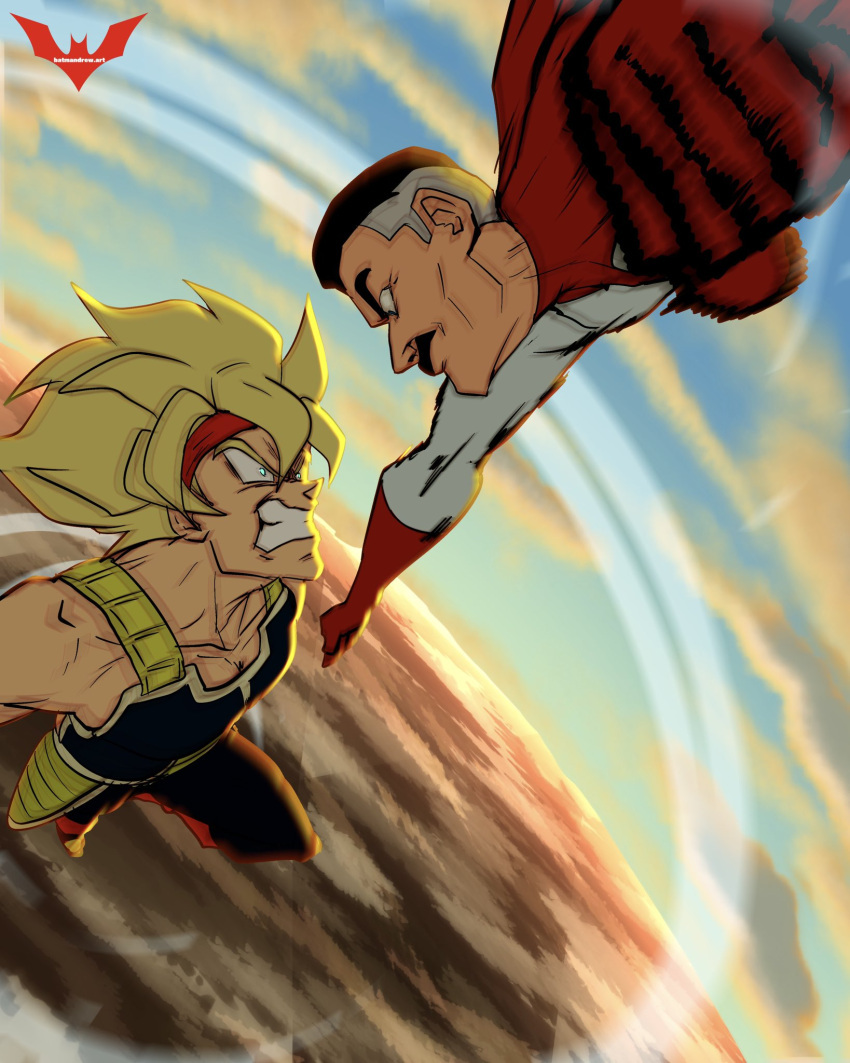 2boys armor bardock batm_andrew black_hair blonde_hair blue_eyes cape clenched_teeth cloud crossover dragon_ball dragon_ball_z facial_hair gloves grey_hair highres invincible_(series) male_focus multicolored_hair multiple_boys mustache nolan_grayson omniman red_cape red_gloves sky super_saiyan super_saiyan_1 superhero teeth trait_connection two-tone_hair watermark