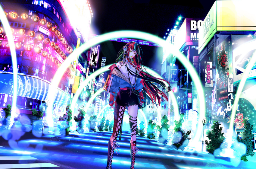 1girl bare_shoulders black_hair black_skirt blue_hair blue_jacket building bush city city_lights closed_mouth full_body green_hair harusaruhi jacket kamitsubaki_studio lantern lipstick long_hair looking_at_viewer makeup marinachan miniskirt multicolored_hair night off_shoulder official_art open_clothes open_jacket outdoors paper_lantern red_hair second-party_source shirt skirt solo standing virtual_youtuber white_shirt yellow_eyes yellow_lips