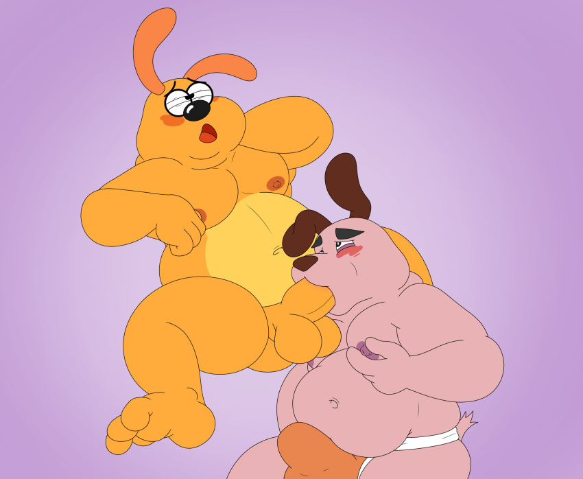 anthro balls beagle belly blush bulge canid canine canis cartoon_network clothing courage_the_cowardly_dog courage_the_cowardly_dog_(character) domestic_dog duo erection fellatio fetch_with_ruff_ruffman genitals hair hi_res hunting_dog jockstrap male male/male mammal moobs nipples nude oral overweight overweight_male penile penis pink_body pink_hair pondart_studios ruff_ruffman scent_hound sex simple_background underwear