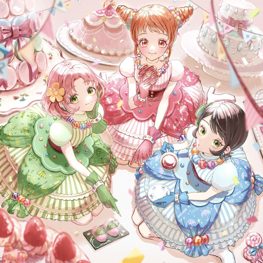 3girls aikatsu! aikatsu!_(series) arisugawa_otome bangs blue_dress blue_gloves bow brown_eyes brown_hair cake corset double_bun doughnut dress drill_hair flower food gloves green_dress green_eyes green_gloves hair_bow hair_bun hair_flower hair_ornament highres kamiya_shion kitaouji_sakura multiple_girls orange_hair parted_bangs pink_dress pink_gloves pink_hair roi short_hair twin_drills