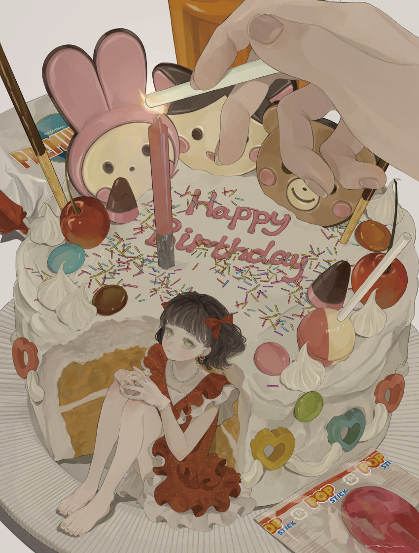 barefoot bow brown_hair cake candle candy cookie darico dress earrings food gloves green_eyes heart heart_earrings highres icing jewelry lollipop minigirl necklace original pearl_necklace plate red_bow red_dress single_glove sitting sprinkles twintails white_gloves