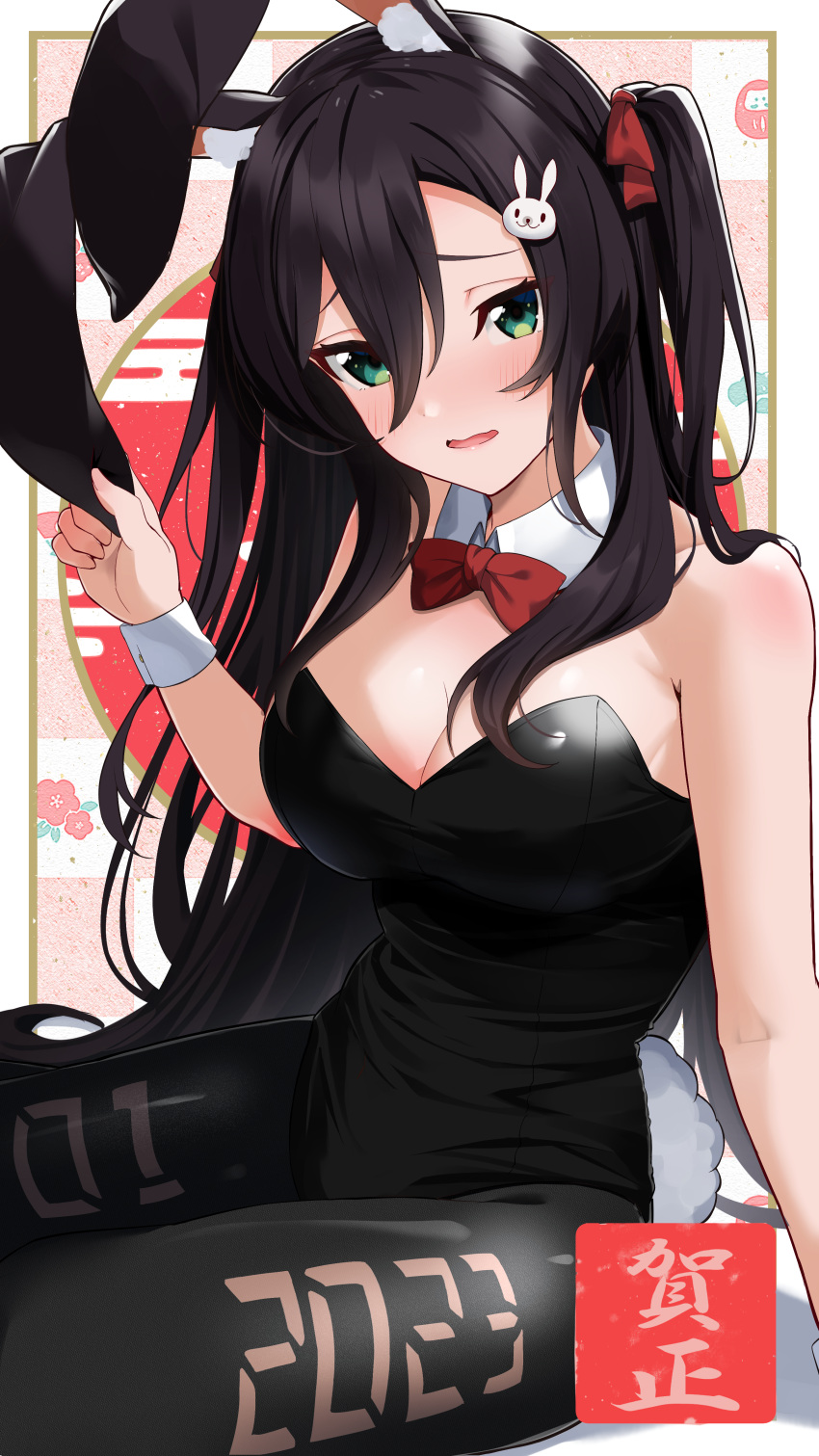 1girl absurdres animal_ears bare_arms black_hair black_hairband black_leotard black_pantyhose blush bow bowtie breasts cleavage collarbone detached_collar fake_animal_ears green_eyes hair_bow hair_ornament hairband highres large_breasts leotard long_hair looking_at_viewer medium_breasts open_mouth original pantyhose playboy_bunny rabbit_ears rabbit_hair_ornament red_bow red_bowtie side_ponytail sitting solo strapless strapless_leotard totoki86 very_long_hair wing_collar wrist_cuffs