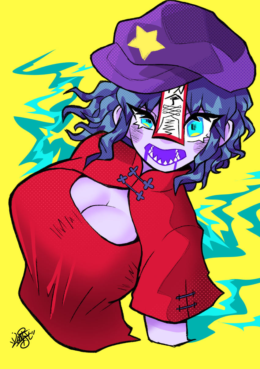 1girl absurdres bangs blue_eyes blue_hair blush breasts cabbie_hat cleavage cleavage_cutout clothing_cutout colored_skin commentary_request hat hat_ornament highres jiangshi leaf_st lower_teeth_only medium_breasts medium_hair miyako_yoshika open_mouth purple_headwear purple_skin red_shirt sharp_teeth shirt short_sleeves solo star_(symbol) star_hat_ornament teeth touhou uneven_eyes upper_body wavy_hair yellow_background