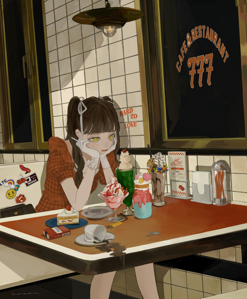 1girl booth_seating bow brown_hair cake cigarette crying crying_with_eyes_open cup darico dress food gloves green_eyes hair_ribbon head_on_hand highres holding holding_cigarette key light lighter menu napkin napkin_holder original parfait plate red_dress restaurant ribbon sitting spill sticker teacup tears twintails white_bow white_gloves window