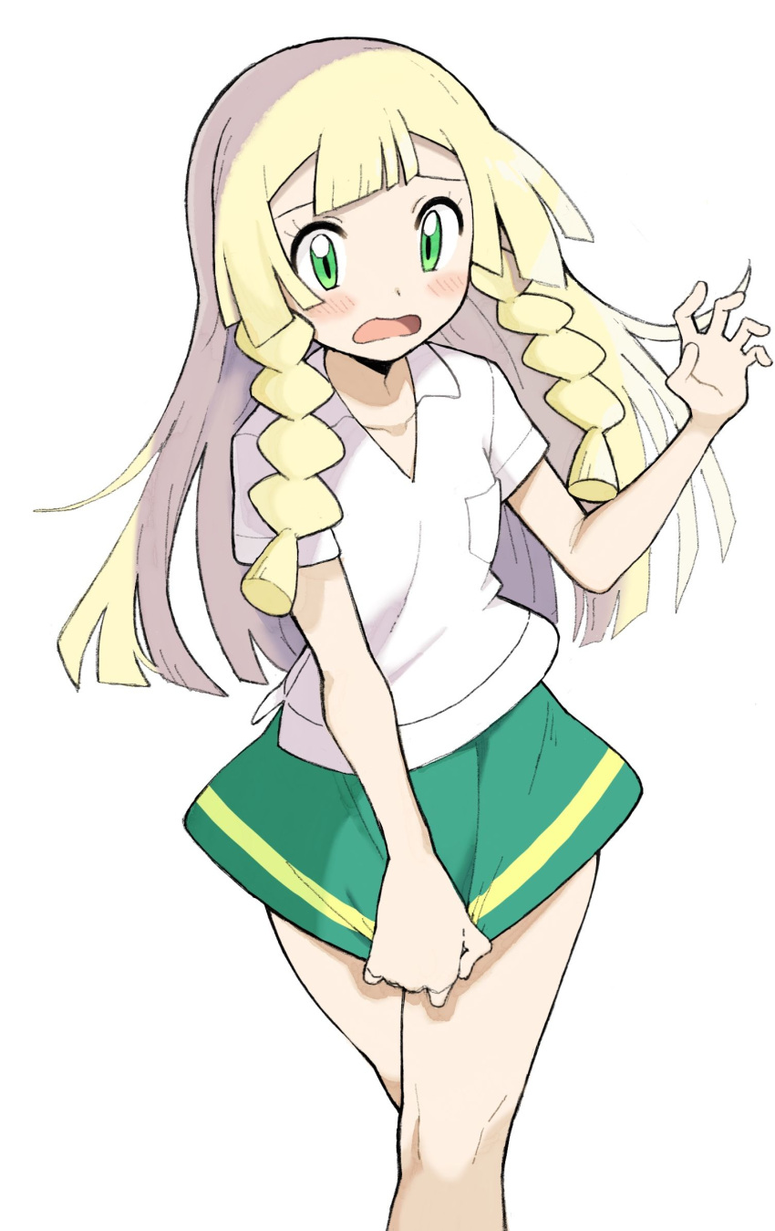 1girl artist_request bangs blonde_hair blunt_bangs blush braid breast_pocket collarbone collared_shirt cosplay eyelashes green_eyes green_skirt hand_up highres knees lass_(pokemon) lass_(pokemon)_(cosplay) lillie_(pokemon) long_hair open_mouth pocket pokemon pokemon_(anime) pokemon_sm_(anime) shirt short_sleeves simple_background skirt solo tongue twin_braids white_background white_shirt