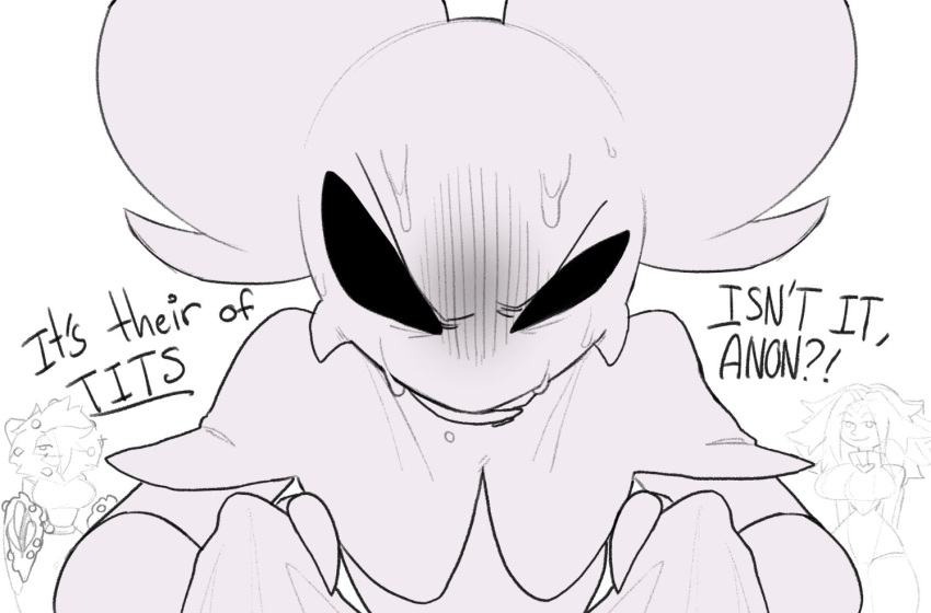 angry animal_humanoid anthro arachnid arthropod arthropod_humanoid big_breasts bodily_fluids breast_envy breasts dialogue english_text engrish exclamation_point fan_character female furrowed_brow gysa holding_viewer hollidae hollow_knight huge_breasts humanoid insect looking_at_viewer proxicute question_mark shirt_grab small_waist smug spider sweat talking_to_viewer team_cherry text unknown_species