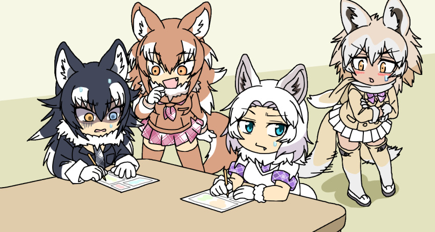 4girls afterimage alternate_design animal_ears aqua_eyes arm_at_side bangs black_hair blue_eyes blush brown_hair chibi closed_mouth commentary_request crossed_arms drawing dual_persona empty_eyes fang fang_out fur_collar gloom_(expression) gloves grey_wolf_(kemono_friends) hair_between_eyes hand_rest hand_up heterochromia holding holding_pencil jacket japanese_wolf_(kemono_friends) kemono_friends leaning_forward legs_apart light_brown_hair long_hair long_sleeves looking_at_another looking_at_object medium_hair microskirt motion_lines multicolored_hair multiple_girls necktie open_mouth orange_eyes paper parted_lips pencil plaid plaid_necktie plaid_skirt plaid_sleeves pleated_skirt red_eyes scarf shaded_face shoes short_sleeves sitting skirt srd_(srdsrd01) standing stress sweat sweatdrop tail tail_wagging tan thighhighs tundra_wolf_(kemono_friends) two-tone_hair v-shaped_eyebrows white_hair wolf_ears wolf_girl wolf_tail yellow_eyes zettai_ryouiki