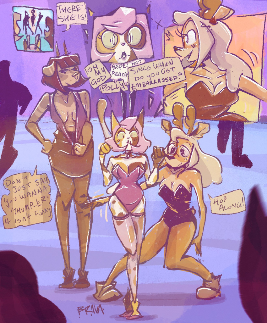 anthro bbravaa big_breasts breasts bunny_costume cleavage clothed clothing colored comic costume deer dialogue fake_ears fake_rabbit_ears felid feline female group hair hi_res horn kimmy_(bbravaa) mammal nervous phoebe_(bbravaa) pink_hair polly_(bbravaa) speech_bubble spots spotted_body tail trio