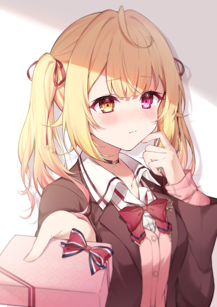 1girl bangs blazer blonde_hair blush bow bowtie box breasts brown_jacket cardigan chocolate collared_shirt embarrassed gift gift_box hair_ornament hair_ribbon heterochromia highres holding holding_gift hoshikawa_sara incoming_gift jacket jewelry long_hair long_sleeves looking_at_viewer medium_breasts nijisanji pink_cardigan red_bow red_bowtie red_eyes red_ribbon ribbon ring school_uniform shirt solo twintails valentine virtual_youtuber white_shirt x_hair_ornament yellow_eyes zky_(oekaky)