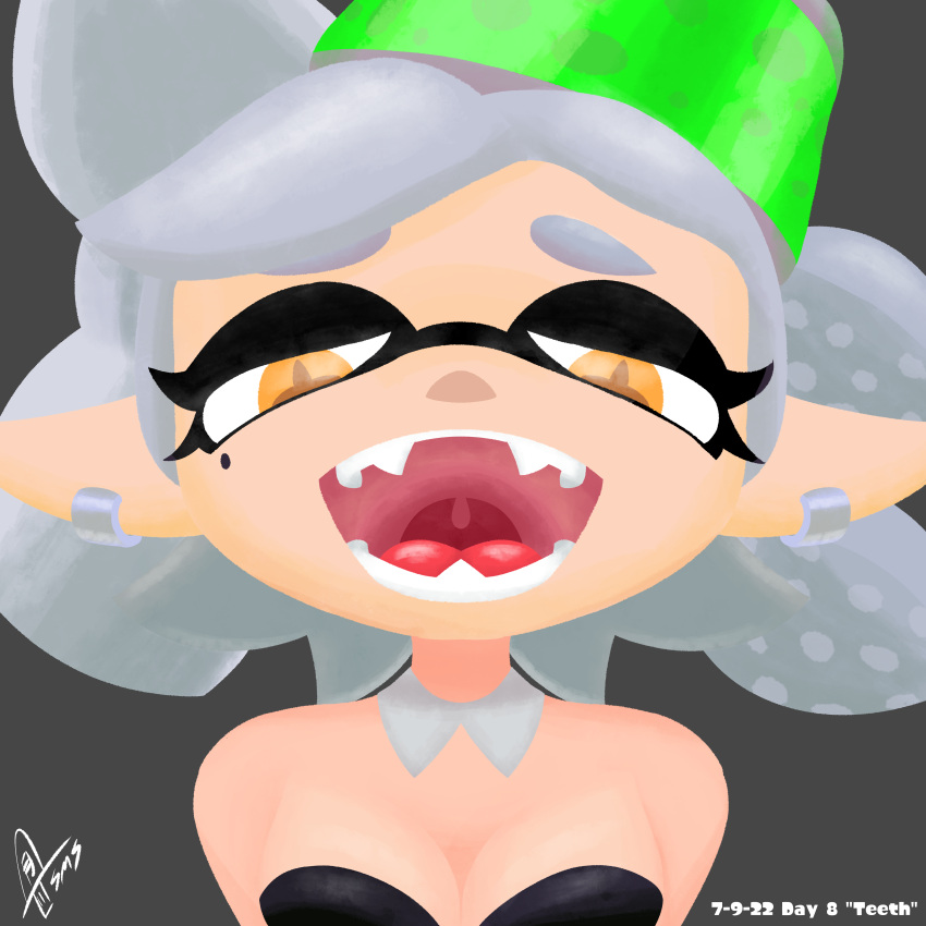 2022 absurd_res animal_humanoid breasts cephalopod cephalopod_humanoid cleavage clothed clothing cross_pupils ear_piercing fangs female hair headgear headwear hi_res humanoid humanoid_pointy_ears inkling looking_at_viewer marie_(splatoon) marine marine_humanoid mollusk mollusk_humanoid nintendo open_mouth piercing pseudo_hair solo splatoon supermoonshroom teeth tentacle_hair tentacles text tongue uvula watermark