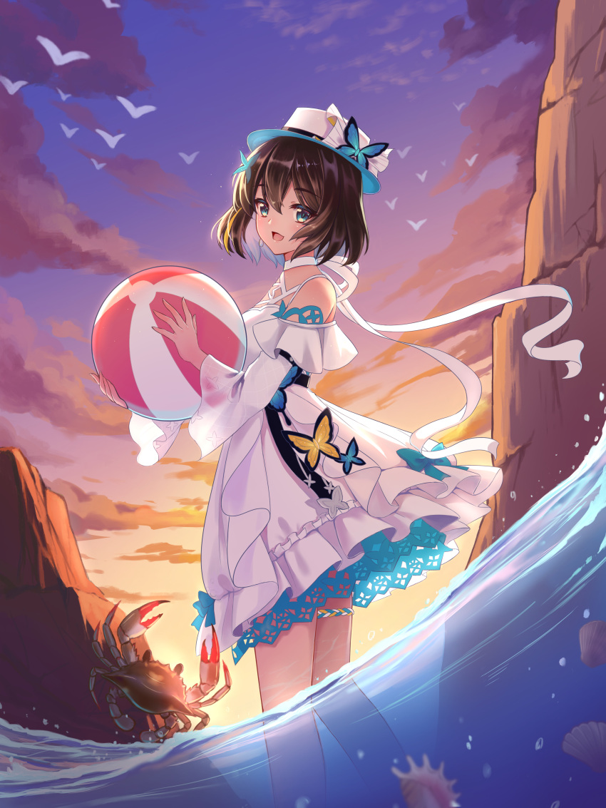 absurdres ball bare_legs bare_shoulders beachball bird_wings black_hair blue_bow blue_eyes blue_trim bow breasts butterfly_hair_ornament cloud cloudy_sky collar crab dress earrings from_below hair_between_eyes hair_ornament hat hat_bow highres holding holding_ball honkai_(series) honkai_impact_3rd jewelry jm_hongmigao lace_trim leg_ribbon looking_back open_mouth ribbon see-through seele_vollerei shell short_hair sky small_breasts smile standing sunset water white_dress wings