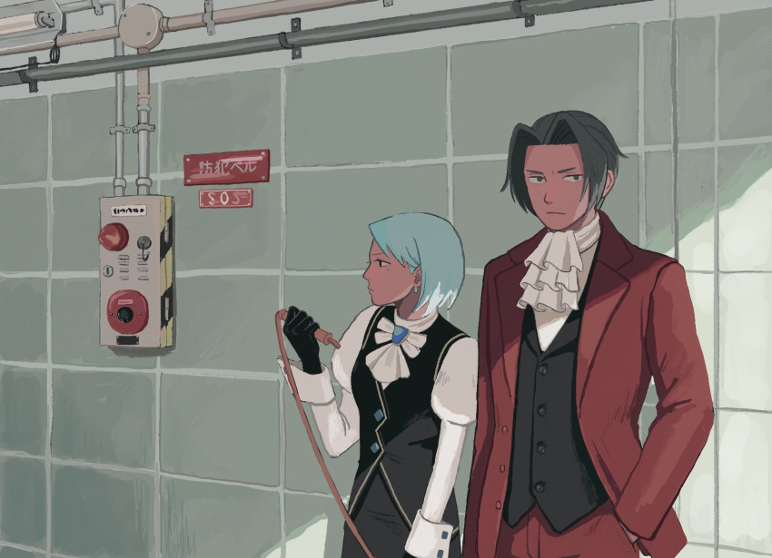 1boy 1girl 23011620x ace_attorney against_wall ascot black_gloves black_skirt black_vest blue_eyes blue_hair closed_mouth collared_shirt earrings fire_alarm formal franziska_von_karma gem gloves grey_hair hair_intakes hand_in_pocket highres jacket jewelry juliet_sleeves long_sleeves miles_edgeworth mole mole_under_eye pants pencil_skirt puffy_sleeves red_jacket red_pants red_suit shirt short_hair skirt suit tile_wall tiles vest white_shirt