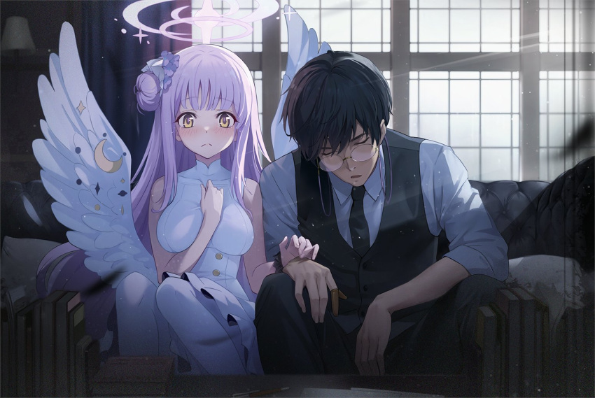 1boy 1girl angel_wings black_hair blue_archive blush breasts closed_eyes collared_shirt couch dress glasses halo hand_on_own_chest large_breasts looking_at_viewer mika_(blue_archive) natsume_yochiki necktie on_couch pink_hair round_eyewear sensei_(blue_archive) shirt sitting teacher_and_student vest white_dress window wings yellow_eyes