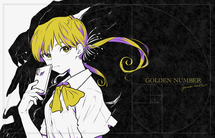1girl bangs blending blonde_hair blue_hair bow bowtie breast_pocket bright_pupils bukiyama cellphone closed_mouth collared_shirt disembodied_limb english_text expressionless fingernails golden_number_(vocaloid) golden_spiral greyscale hair_tie hand_up highres holding holding_phone looking_at_viewer low_twintails medium_hair monochrome multicolored_hair phone pocket sharp_fingernails shirt short_sleeves sideways_glance smartphone solo song_name spot_color swept_bangs transparent_border twintails two-tone_hair upper_body white_pupils yellow_bow yellow_bowtie yellow_eyes