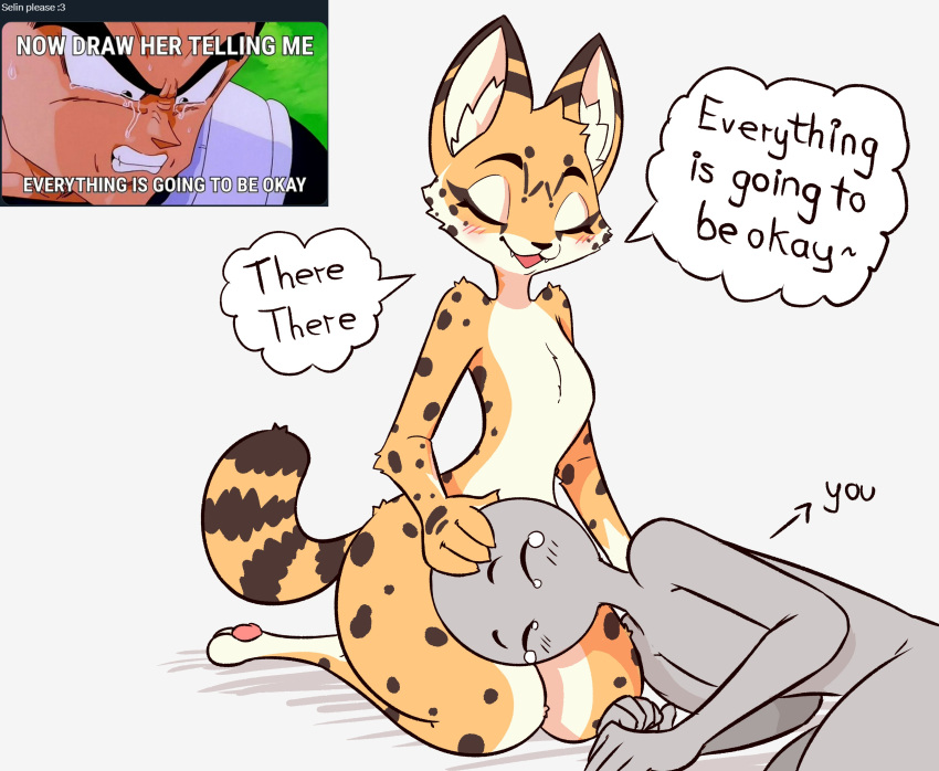 absurd_res ambiguous_gender anthro bodily_fluids comforting crying cute_fangs dialogue dragon_ball duo eyes_closed featureless_chest felid feline female fur head_on_lap hi_res human human_on_anthro inner_ear_fluff interspecies jasminthemanticore kneeling male male/female mammal meme nude on_lap saiyan screencap speech_bubble spots spotted_body spotted_fur tears tuft vegeta yellow_body yellow_fur