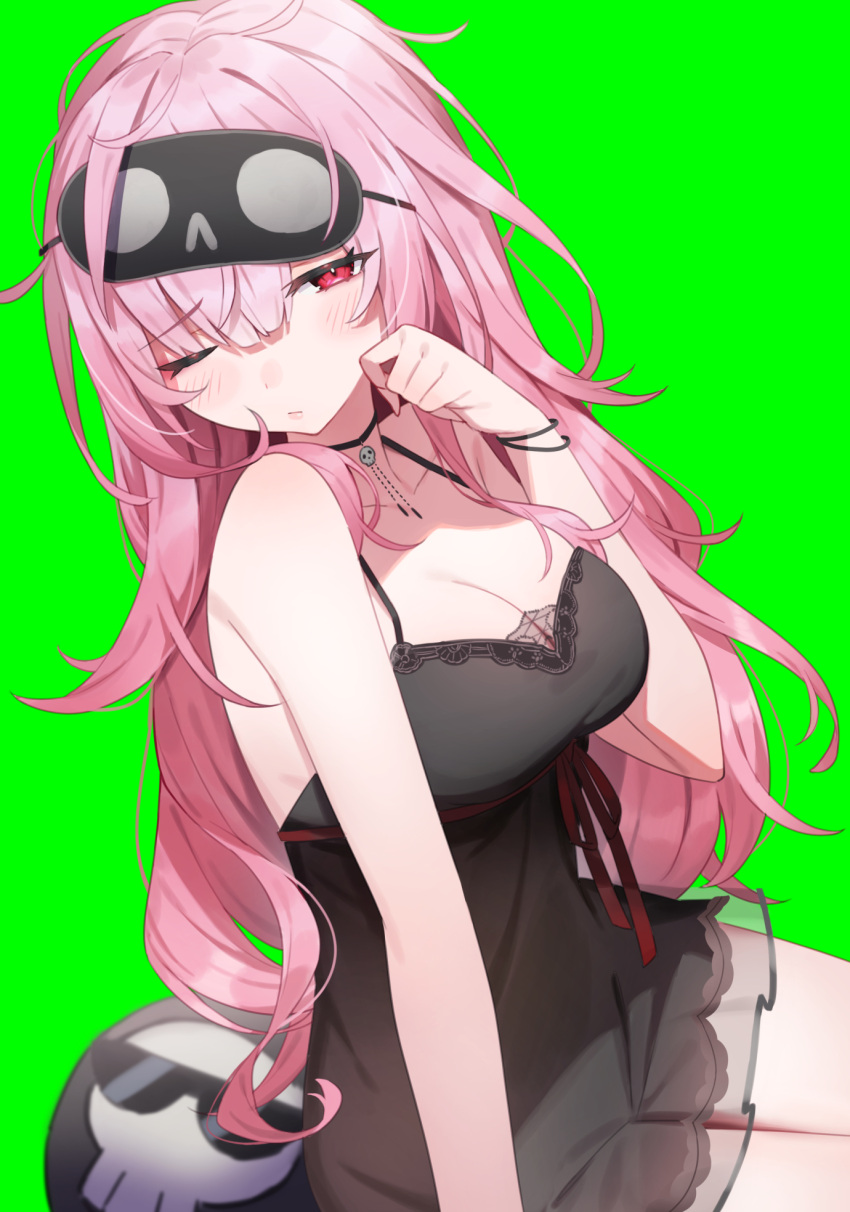 1girl bangs bare_arms bare_shoulders black_dress blush breasts cleavage closed_mouth collarbone death-sensei_(mori_calliope) dress green_background gukurosawa01 hair_between_eyes hand_up highres hololive hololive_english long_hair mask mask_on_head medium_breasts mori_calliope pink_hair rerrere see-through simple_background sleep_mask sleeveless sleeveless_dress solo_focus very_long_hair virtual_youtuber