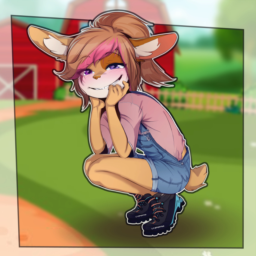 anthro barn bedroom_eyes blush brown_hair clothed clothing female footwear fur grin hair hi_res lagomorph leporid mammal narrowed_eyes outside overalls pink_nose purple_eyes rabbit scut_tail seductive shoes short_tail sicmop smile solo tail tan_body tan_fur young