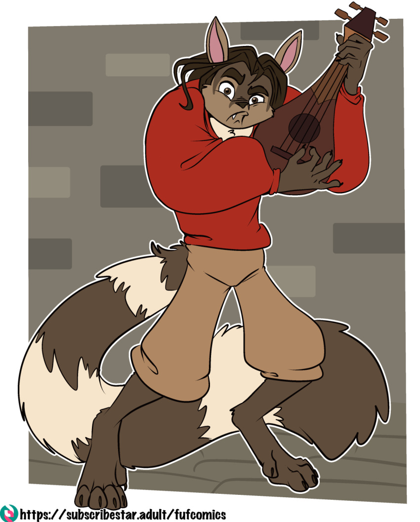 anthro brown_body brown_fur brown_hair brown_nose clothed clothing fuf fur hair hi_res lemur lute male mammal markings musical_instrument plucked_string_instrument primate red_clothing red_shirt red_topwear ring-tailed_lemur ring_(marking) ringtail shirt solo strepsirrhine string_instrument tail tail_markings the_road_to_el_dorado topwear