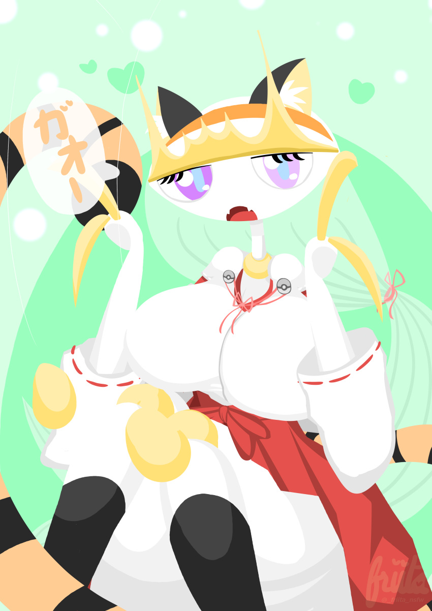 2021 absurd_res antennae_(anatomy) arthropod asian_clothing big_breasts breasts clawed_fingers clothing cute_fangs east_asian_clothing female friita generation_7_pokemon hi_res holidays humanoid japanese_clothing japanese_text looking_at_viewer miko_outfit new_year nintendo not_furry pheromosa pokemon pokemon_(species) purple_eyes shrine_maiden shrine_priestess signature solo speech_bubble text translation_request ultra_beast