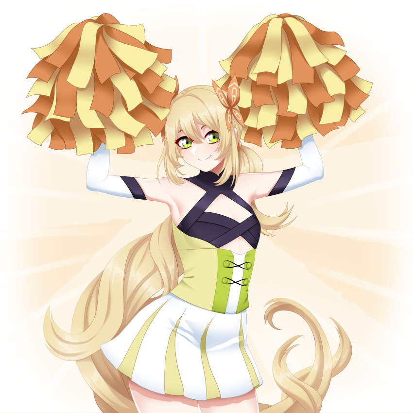 1girl absurdres alternate_costume alternate_hairstyle armpits arms_up bangs bare_shoulders blonde_hair breasts butterfly_hair_ornament celine_(fire_emblem) cowboy_shot fire_emblem fire_emblem_engage green_eyes hair_between_eyes hair_ornament highres long_hair looking_at_viewer pom_pom_(cheerleading) seityr skirt small_breasts smile solo very_long_hair white_skirt