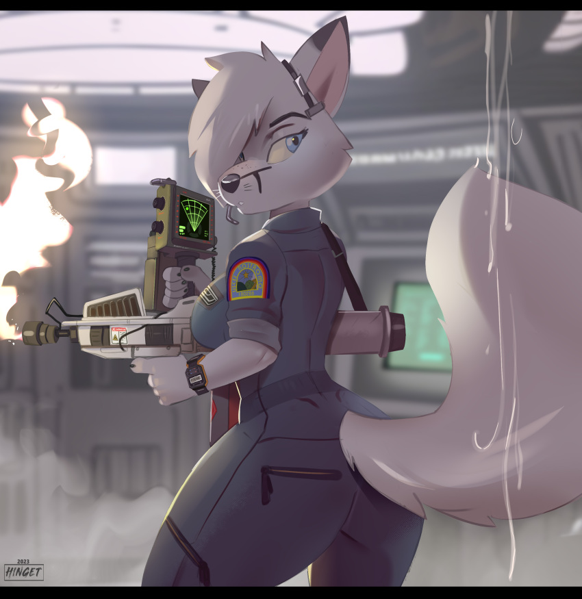 2023 absurd_res anthro artist_name black_border blue_eyes border canid canine digital_media_(artwork) female fire flamethrower fox hair hair_over_eye hi_res hinget inside looking_back mammal one_eye_obstructed ranged_weapon solo weapon widescreen