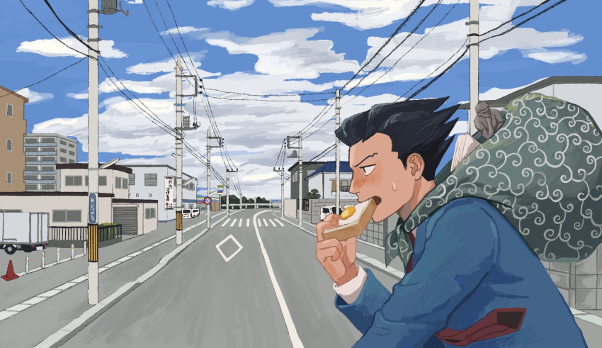 1boy 23011620x ace_attorney bag black_hair blue_jacket blue_sky building cloud collared_shirt crosswalk day eating food food_in_mouth fried_egg from_side highres holding holding_food jacket karakusa_(pattern) long_sleeves male_focus mouth_hold necktie outdoors phoenix_wright power_lines red_necktie road shirt short_hair sky solo spiked_hair sweatdrop toast toast_in_mouth upper_body utility_pole white_shirt