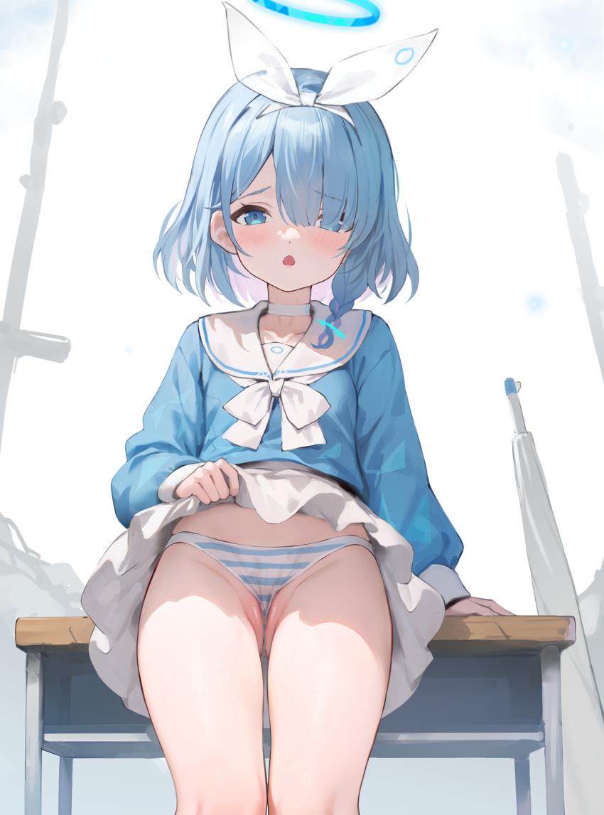 1girl arona_(blue_archive) ass_visible_through_thighs bangs blue_archive blue_eyes blue_hair blue_shirt blush braid chair choker clothes_lift desk hagi_(ame_hagi) hair_over_one_eye hairband halo highres lifted_by_self long_sleeves looking_at_viewer on_desk open_mouth panties parted_lips partially_visible_vulva ribbon sailor_collar school_desk school_uniform shirt short_hair sitting sitting_on_desk skirt skirt_lift solo striped striped_panties table underwear wedgie white_skirt