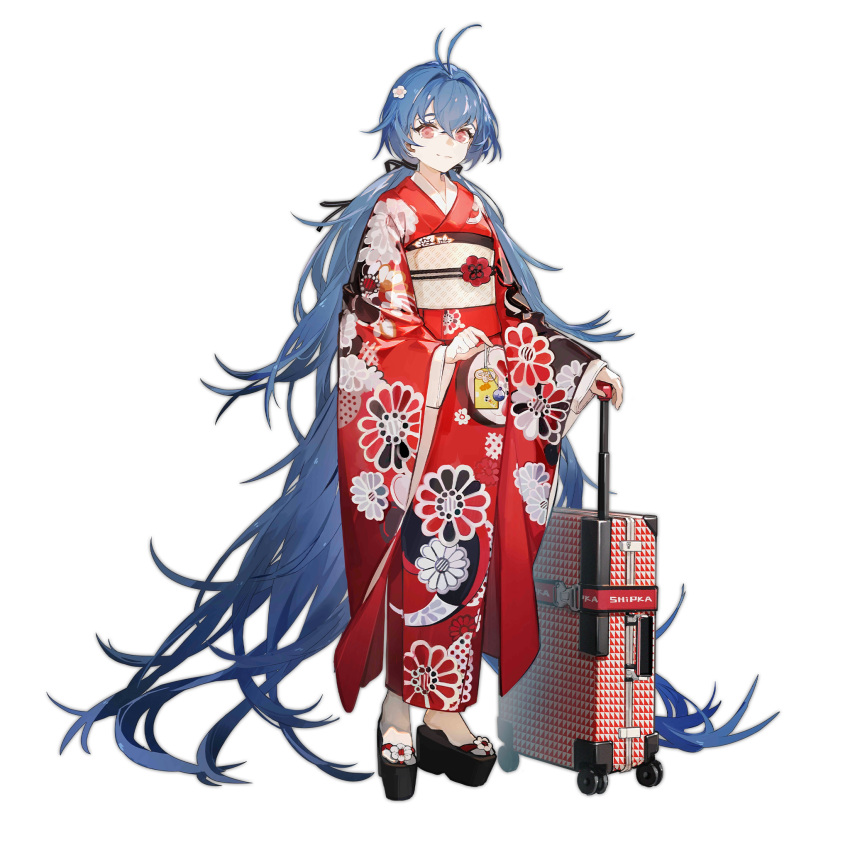 1girl antenna_hair artist_request bangs black_ribbon blue_hair character_name charm_(object) check_artist closed_mouth crossed_bangs flower full_body geta girls'_frontline hair_between_eyes hair_flower hair_ornament hair_ribbon highres japanese_clothes kimono long_hair looking_at_viewer nine_(liuyuhao1992) obi red_eyes red_kimono ribbon rolling_suitcase sash shipka_(girls'_frontline) shipka_(when_writing_a_new_poem)_(girls'_frontline) simple_background smile socks solo standing suitcase tabi transparent_background twintails very_long_hair white_socks