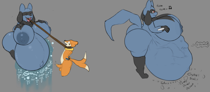 anthro balls before_and_after big_breasts big_butt body_outline breasts buizel butt digestion digestion_noises duo erection face_imprint female female_pred forced generation_4_pokemon genitals hand_on_breast hi_res huge_belly huge_breasts imprint larger_anthro larger_female leash leash_and_collar leg_markings male markings muffled multiple_prey navel nintendo oral_vore outie_navel penis pokemon pokemon_(species) riolu size_difference smaller_anthro smaller_male socks_(marking) thick_thighs unwilling_prey vore yerbabuena