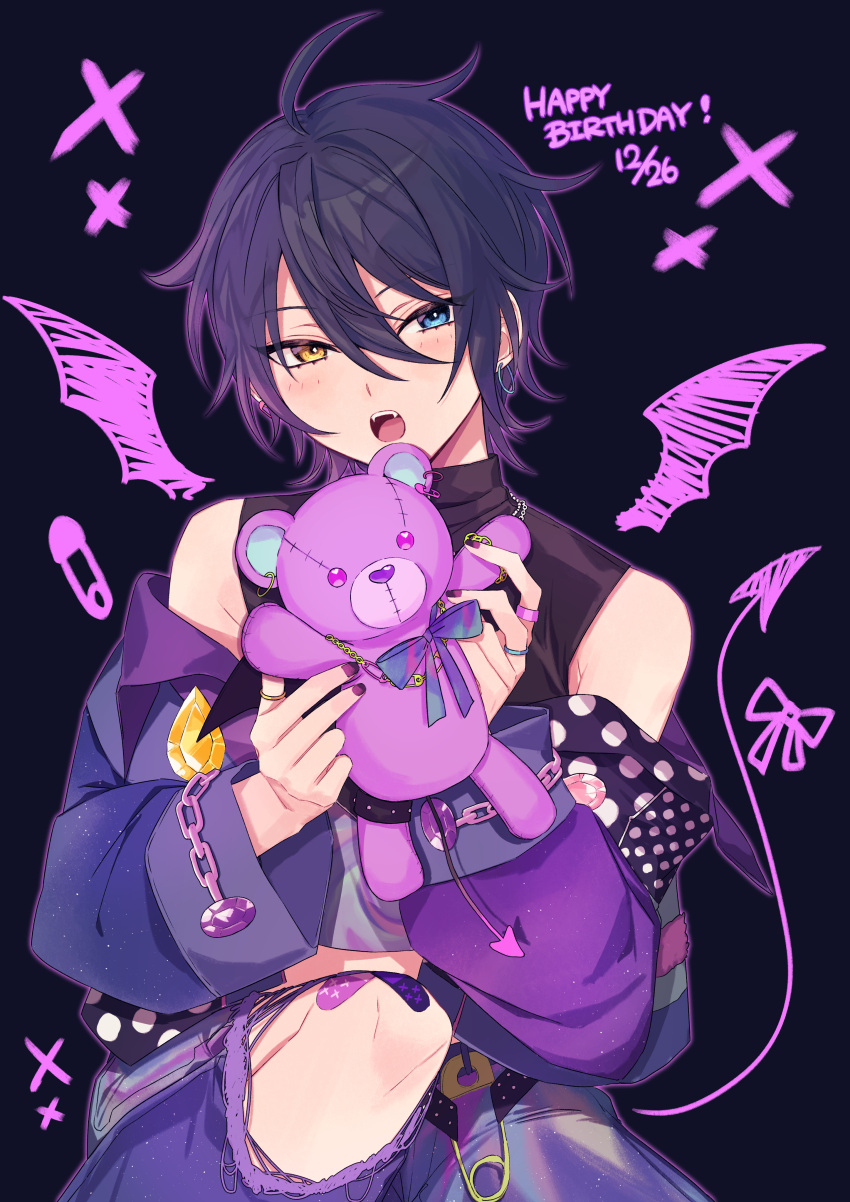 1boy absurdres black_hair black_shirt blue_eyes dated demon_boy demon_tail demon_wings ensemble_stars! happy_birthday heterochromia highres jacket kagehira_mika looking_at_viewer male_focus open_mouth purple_jacket shirt short_hair solo stuffed_animal stuffed_toy sushi_171 tail teddy_bear wings yellow_eyes