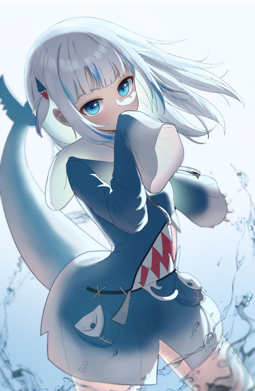 1girl absurdres animal_hood blue_eyes blue_hair blue_hood covering_mouth fish_tail floating_hair gawr_gura grey_hair highres hololive hololive_english hood hood_down long_sleeves looking_at_viewer medium_hair multicolored_hair porty_ramram shark_girl shark_hood shark_tail short_twintails sleeves_past_fingers sleeves_past_wrists solo streaked_hair tail twintails virtual_youtuber water