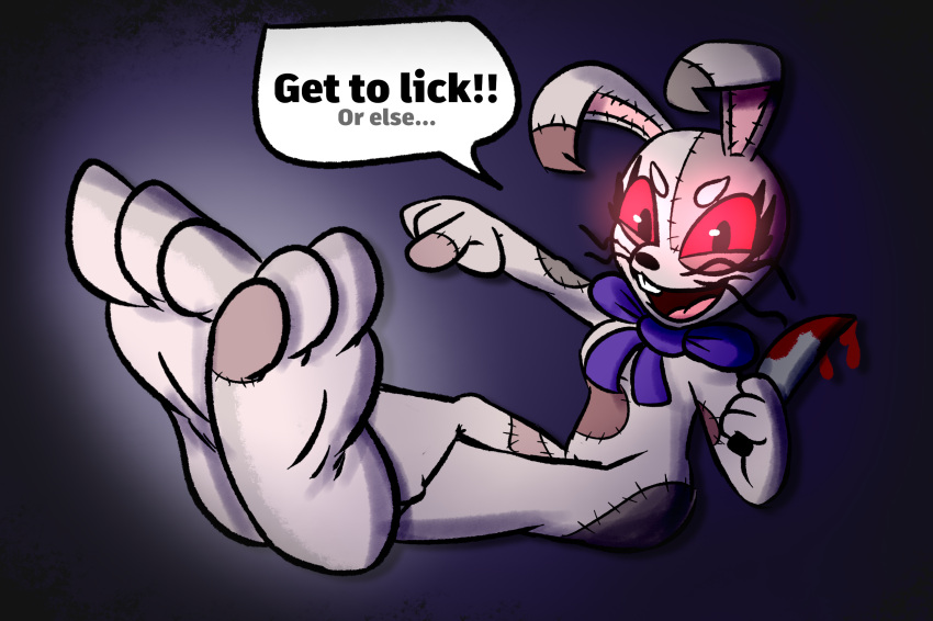 anthro baggy_(artist) barefoot blood bodily_fluids bow_tie buckteeth digital_media_(artwork) feet female five_nights_at_freddy's five_nights_at_freddy's:_security_breach foot_fetish foot_focus hi_res human humanoid_feet knife lagomorph leporid looking_at_viewer mammal open_mouth paws plantigrade rabbit red_eyes scottgames simple_background smile soles solo teeth toes tongue vanny_(fnaf)
