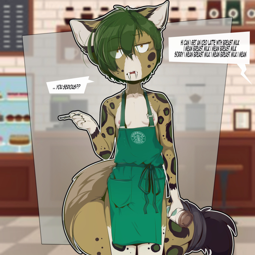 1:1 anthro apron apron_only beverage breasts clothing coffee dipstick_tail fangs felid female fur green_hair hair half-closed_eyes hi_res mammal markings meme mostly_nude narrowed_eyes nipples saber_(ribbon28) sabertooth_(anatomy) sicmop small_breasts solo spots spotted_body spotted_fur tail tail_markings teeth