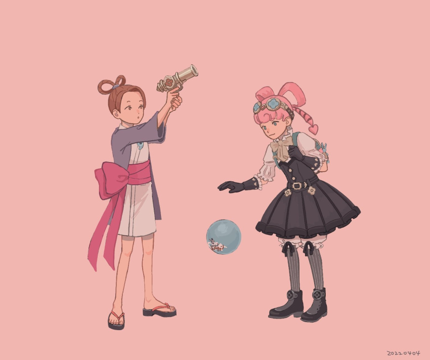 23011620x 2girls ace_attorney black_dress bow bow-shaped_hair brown_gloves brown_hair bubble_skirt closed_mouth dress drill_hair full_body geta gloves goggles goggles_on_head gun hair_rings hanten_(clothes) highres holding holding_gun holding_weapon in-franchise_crossover iris_wilson japanese_clothes jewelry kimono long_hair long_sleeves magatama magatama_necklace multiple_girls necklace obi pearl_fey pink_hair pink_sash puffy_sleeves sash shirt short_hair short_kimono simple_background skirt smile standing strapless strapless_dress twintails waist_bow weapon white_kimono white_shirt yellow_bow