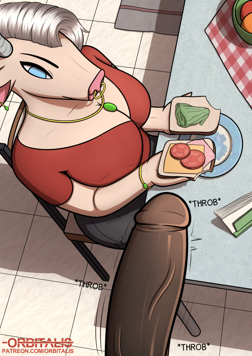 anthro apple big_breasts big_penis black_bottomwear black_clothing black_penis black_skirt blue_eyes bottomwear bovid bovine bracelet breasts cattle chair cheese clothed clothing dairy_products ear_piercing emerald_(gem) eyebrows facial_piercing female floor food fruit furniture gem genitals grey_horn hair ham hi_res high-angle_view holding_food holding_object horn humanoid_genitalia humanoid_penis jewelry lettuce looking_at_genitalia looking_at_penis mammal mat mature_anthro mature_female mayonnaise meat napkin necklace nose_piercing nose_ring orange_(fruit) orbitalis penis piercing pink_nose plant plate pork question_mark red_clothing red_shirt red_topwear ring_piercing sandwich_(food) septum_piercing septum_ring shirt sitting skirt solo speech_bubble table text throbbing throbbing_penis tight_clothing tight_shirt tight_topwear tile tile_floor tomato topwear url vegetable vein white_hair