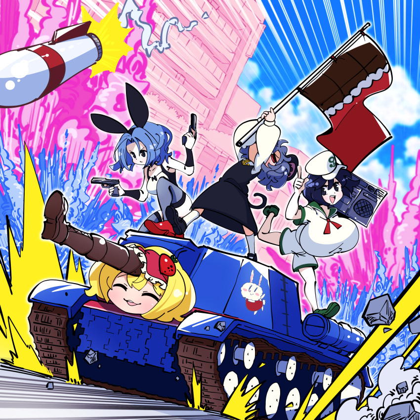 4girls :x absurdres alice_margatroid anchor_symbol animal_ears bangs black_eyes black_footwear black_hair blonde_hair blue_hair blue_sky boombox boots breasts brown_footwear chocolate_bar_print city closed_mouth cloud commentary_request cookie_(touhou) day dual_wielding dutch_angle explosion fake_animal_ears flag flat_chest flour_(cookie) food-themed_hair_ornament full_body gram_9 green_footwear grey_hair grey_skirt grey_vest ground_vehicle gun hair_ornament handgun hat highres holding holding_gun holding_weapon huge_breasts ichigo_(cookie) kumoi_ichirin leotard long_sleeves looking_afar looking_at_viewer medium_breasts medium_hair military military_vehicle milk_(cookie) missile motor_vehicle mouse_ears mouse_girl mouse_tail multiple_girls murasa_minamitsu nazrin neckerchief nyon_(cookie) open_mouth outdoors parted_bangs rabbit_ears red_eyes red_footwear red_neckerchief sailor_collar sailor_hat sailor_shirt shirt shoes short_hair shorts skirt sky smile socks strawberry_hair_ornament tail tank touhou tuxedo_leotard v-shaped_eyebrows vest waving_flag weapon white_shirt white_shorts white_socks