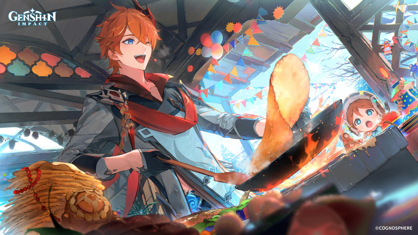 +_+ 2boys absurdres bangs black_gloves blue_eyes blurry blurry_foreground blush brothers brown_headwear cooking day dsmile earrings fire food genshin_impact gloves hair_between_eyes hat highres holding jacket jewelry logo male_focus mask mask_on_head multiple_boys official_art one_eye_closed open_mouth orange_hair pinecone red_mask red_scarf russian_commentary scarf siblings single_earring snow sparkle tartaglia_(genshin_impact) teucer_(genshin_impact) tree vision_(genshin_impact)