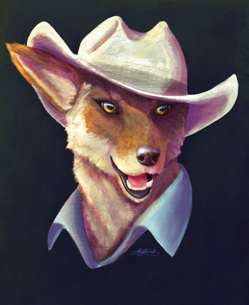 2023 absurd_res alytarch anthro black_nose blue_clothing blue_shirt blue_topwear brown_body brown_fur canid canine canis clothed clothing coyote digital_media_(artwork) digital_painting_(artwork) fanfic_art female fur hat headgear headware headwear hi_res inner_ear_fluff light mammal mattie_cairns multicolored_body multicolored_fur orange_body orange_eyes orange_fur portrait shirt signature solo story story_in_description sunlight topwear tuft white_body white_fur