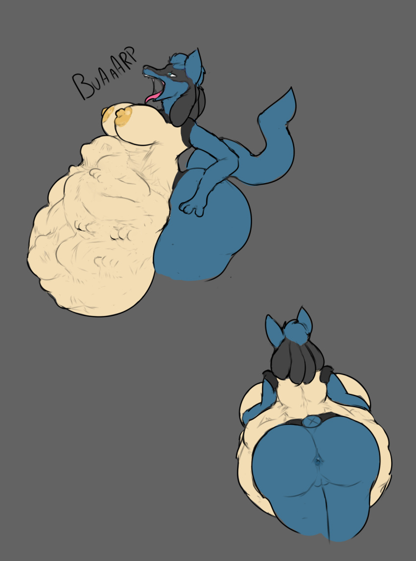 ambiguous_gender ambiguous_prey anthro anus back_boob big_breasts big_butt bodily_fluids body_outline breast_expansion breasts burping butt expansion face_imprint female female_pred generation_4_pokemon genitals hand_imprint hand_on_hip hi_res huge_breasts huge_butt imprint lucario multiple_prey nintendo open_mouth pokemon pokemon_(species) pussy rear_view saliva saliva_string side_view vore yerbabuena